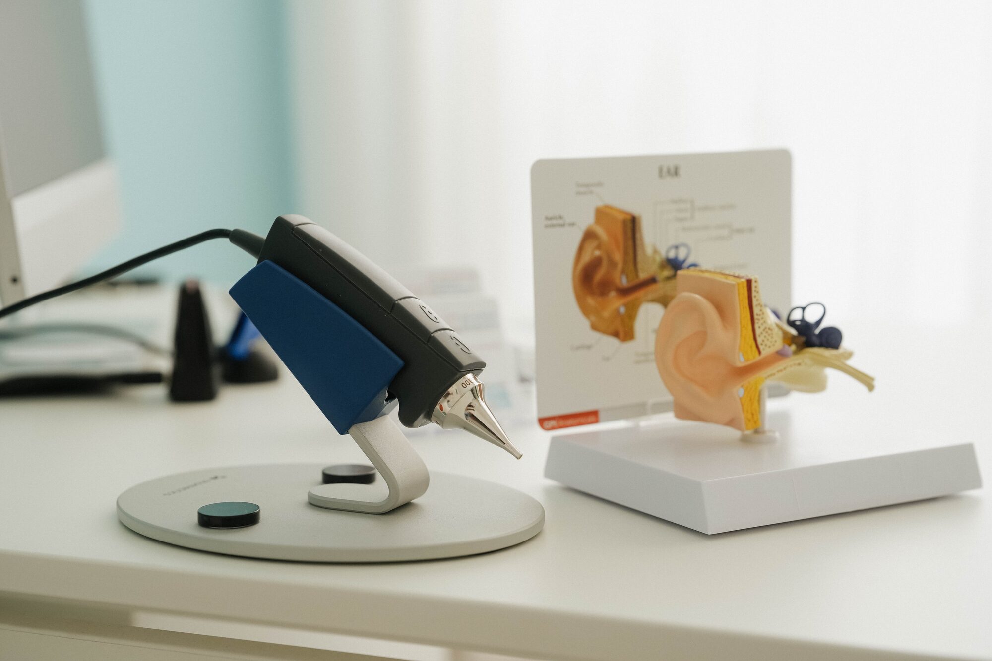 Modello anatomico dell'orecchio e videoscopio — strumenti per la valutazione dell'acufene.