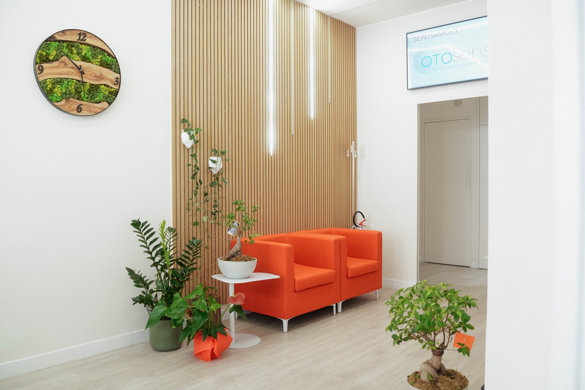 Sala d'attesa della sede Otosense — luce naturale e ambiente accogliente.